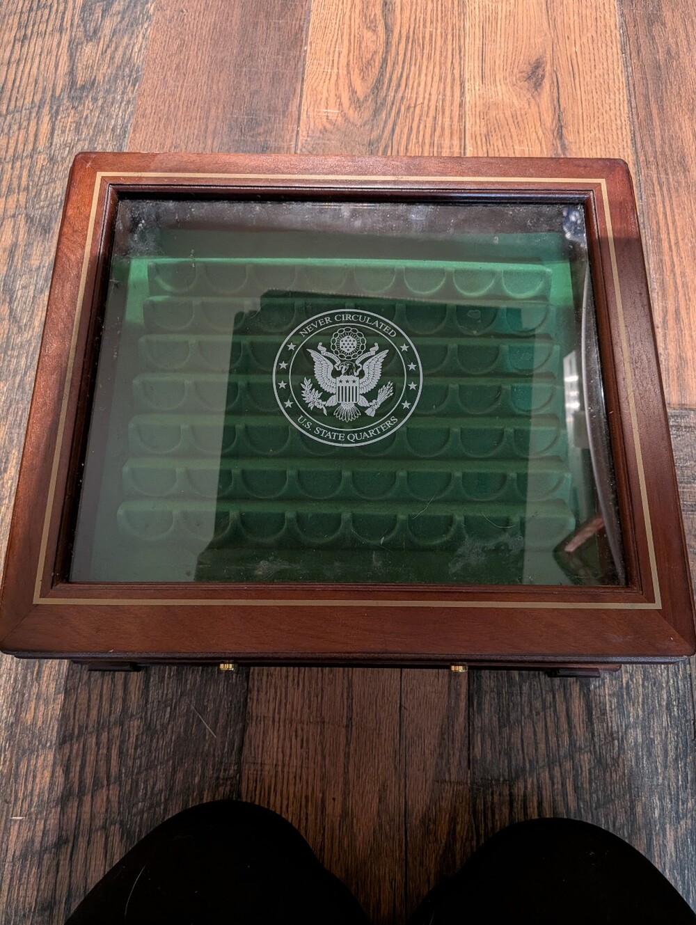 Wooden Display Case with Green Felt Interior and Emblem